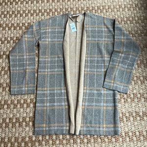 Loft Factory Open Cardigan in camel and grey window pane plaid